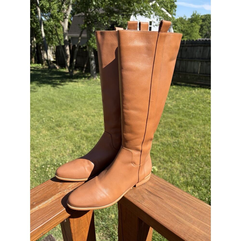 NWOB Able Tall Knee High Boots Size 8.5 Tan Brown Leather Low Heel Riding